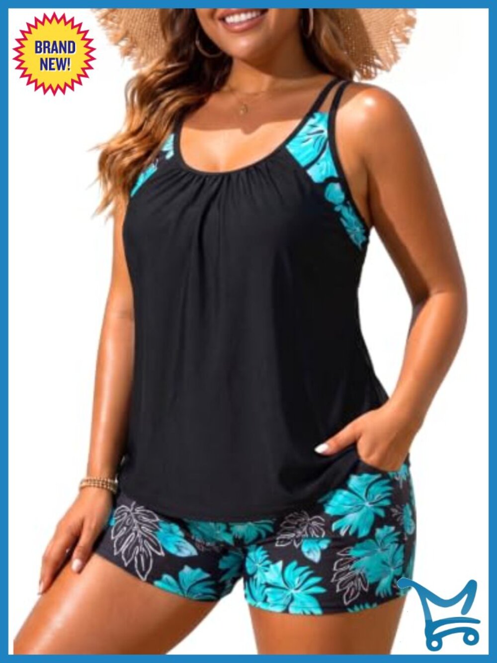 Plus Size Tankini Swimsuits with Pocket, Adjustable Straps, High Waist
